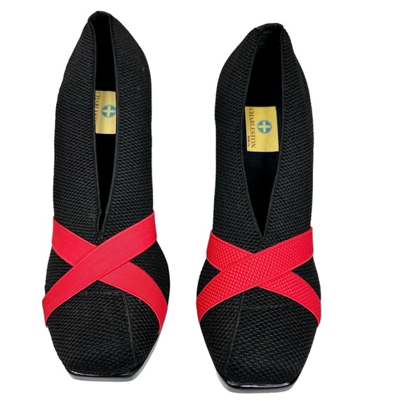 NWT Charleston Shoe Co. Wedge Heel Shoes Black Red Knit SZ 9 - Picture 5 of 12